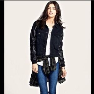 Free People Black Denim Jacket with Faux Leather Sleeves